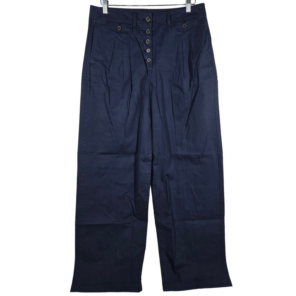 J Crew Navy Wide Leg Pleated Button Front Cotton‎ Pants Size 12